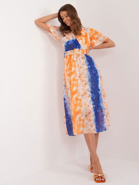 Pomarańczowo-niebieska sukienka z printem i krótkim rękawem